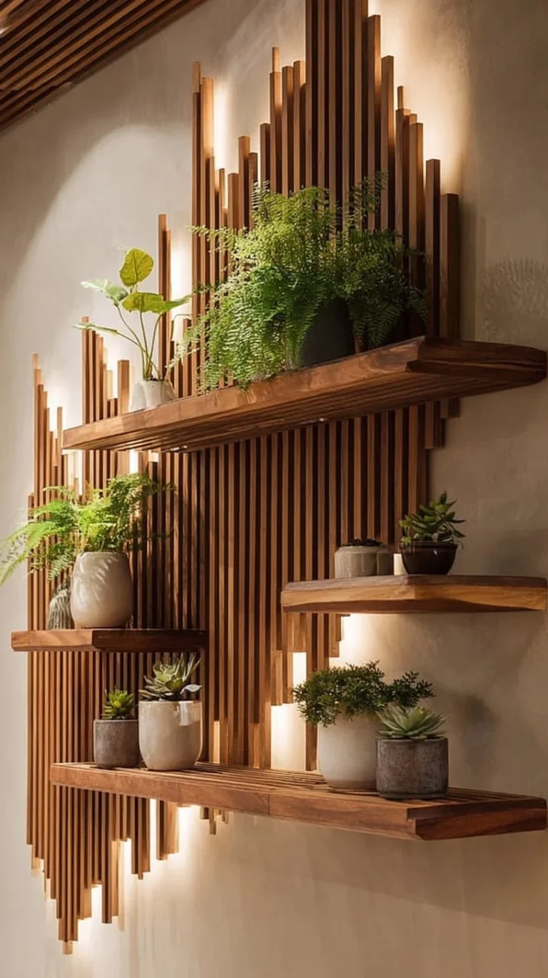 Stunning DIY wood accent wall with shelves showcasing creative design ideas.