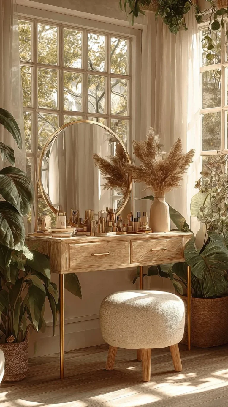 Cozy Boho vanity corner with natural elements and stylish decor