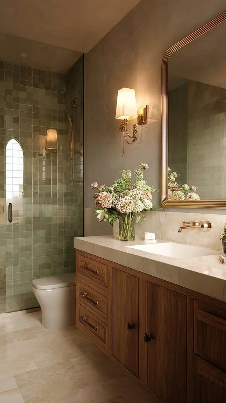 Green bathroom design featuring Mikayla 5x5 & 2.5x5 Bullnose Glossy Ceramic Tile