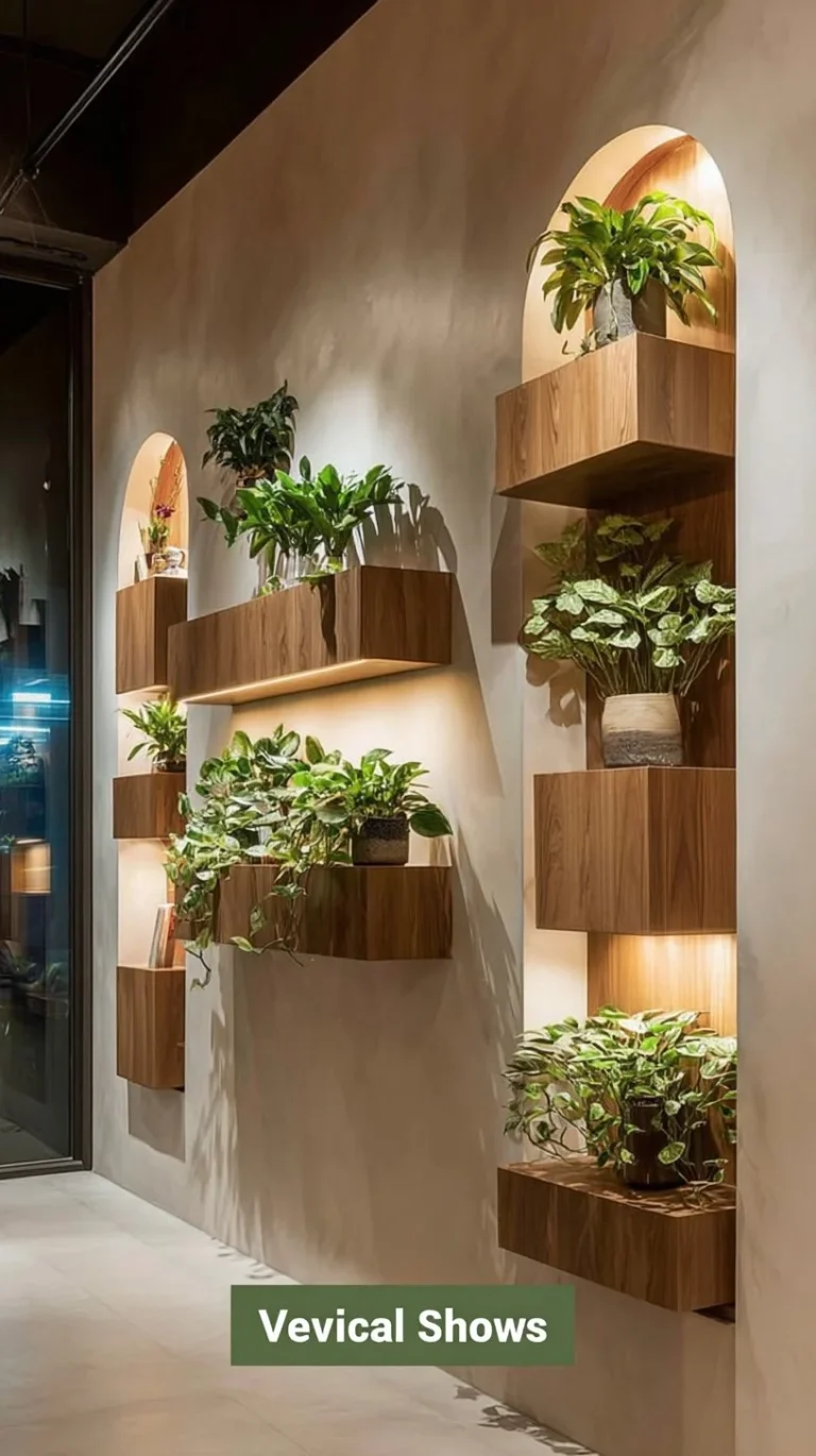 Floating shelves on a wall displaying a variety of plants and decorative items.