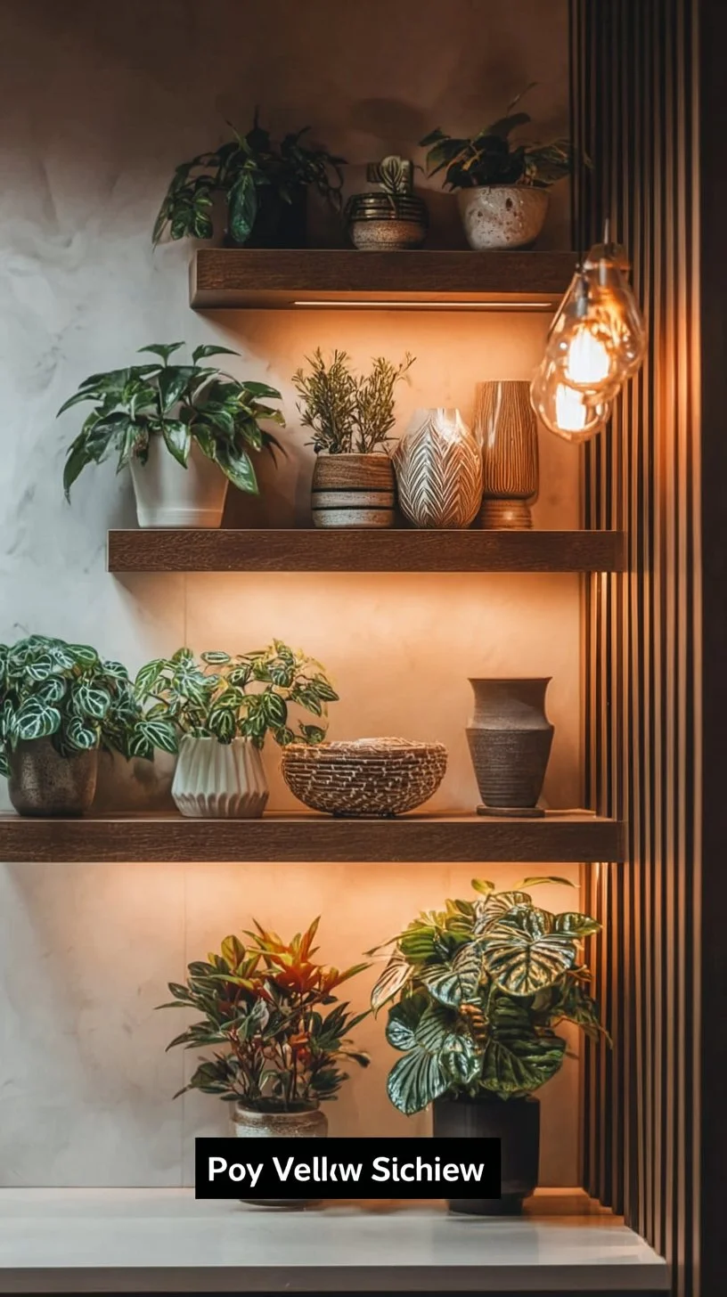 Floating shelves mounted on the wall can hold a variety of plants. They allow for easy arrangement.