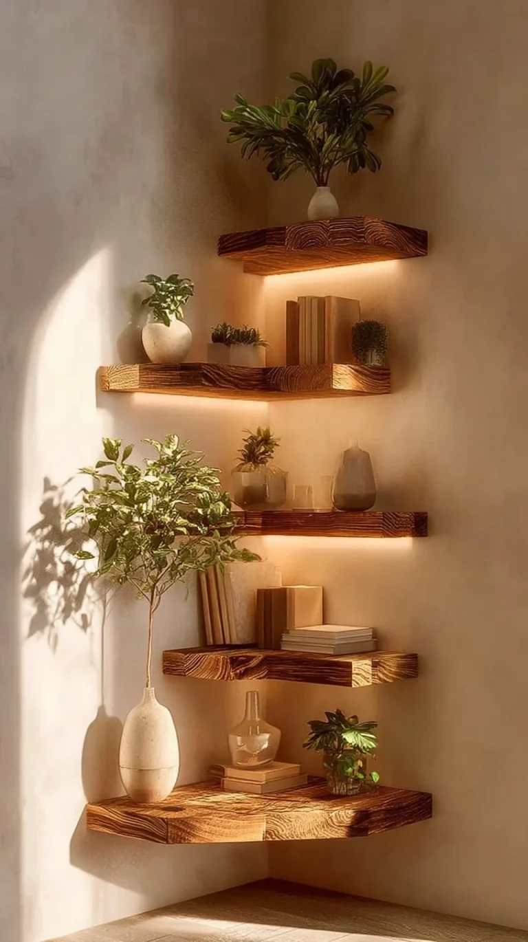 Handcrafted live edge corner wall shelf for rustic home decor.