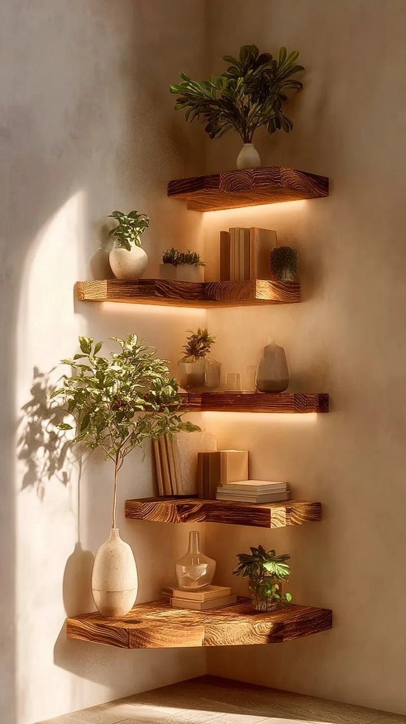 Handcrafted Live Edge Corner Wall Shelf, Rustic Wood Floating Shelf for Home Decor