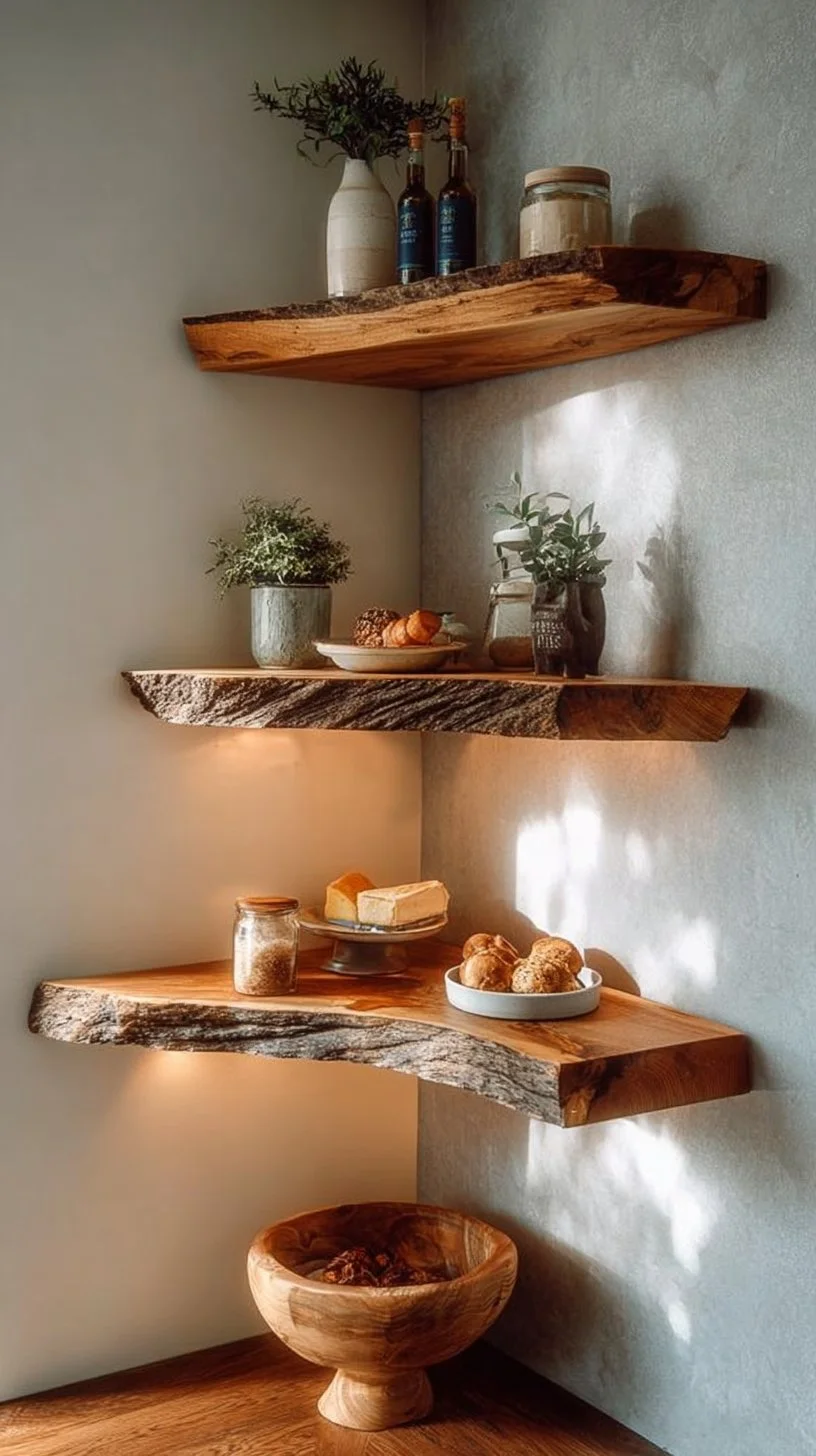 Handcrafted Live Edge Corner Wall Shelf, Rustic Wood Floating Shelf for Home Decor