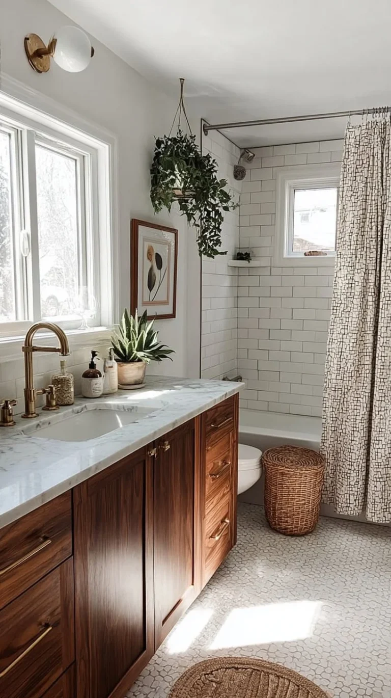 Mid-Century double bathroom vanity from West Elm showcasing modern design by @lizzydesigns_