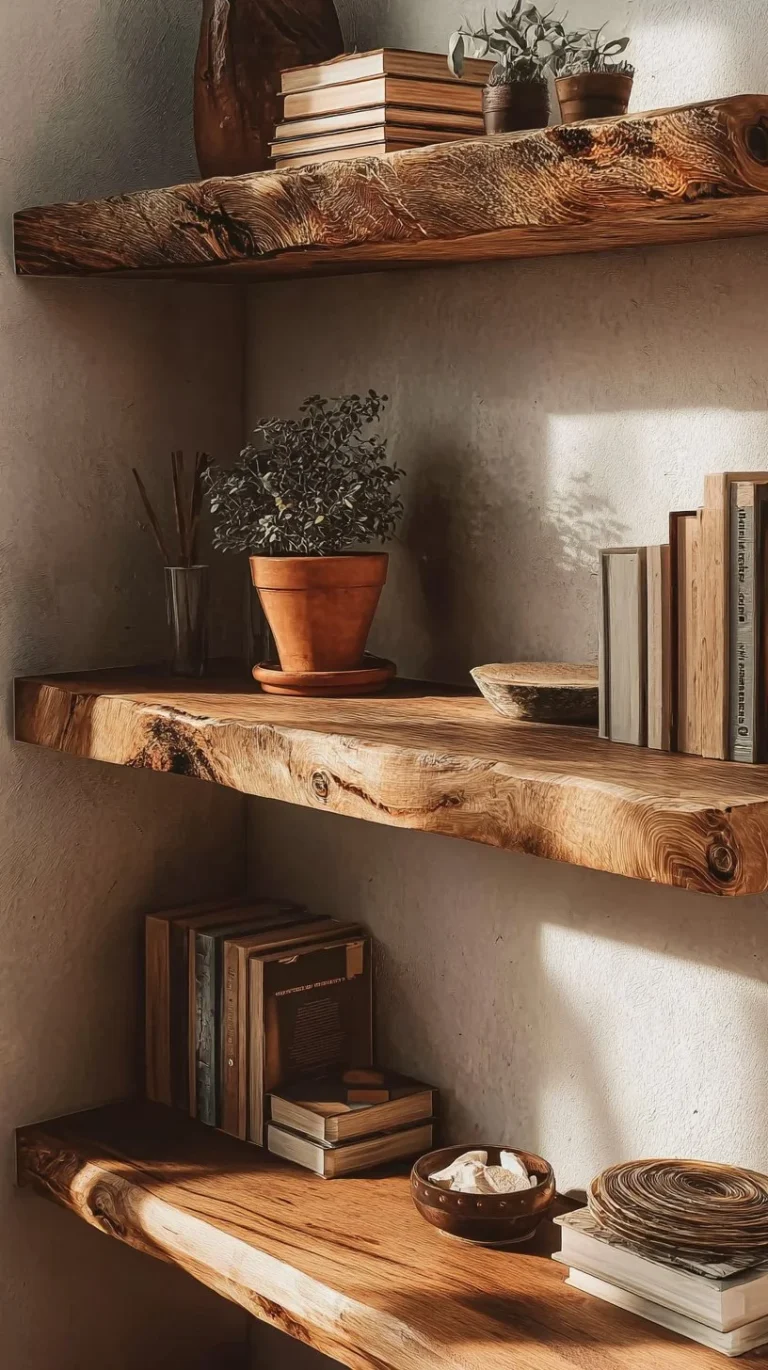 Mid Century wooden live edge corner shelf for living room decor in Oak finish