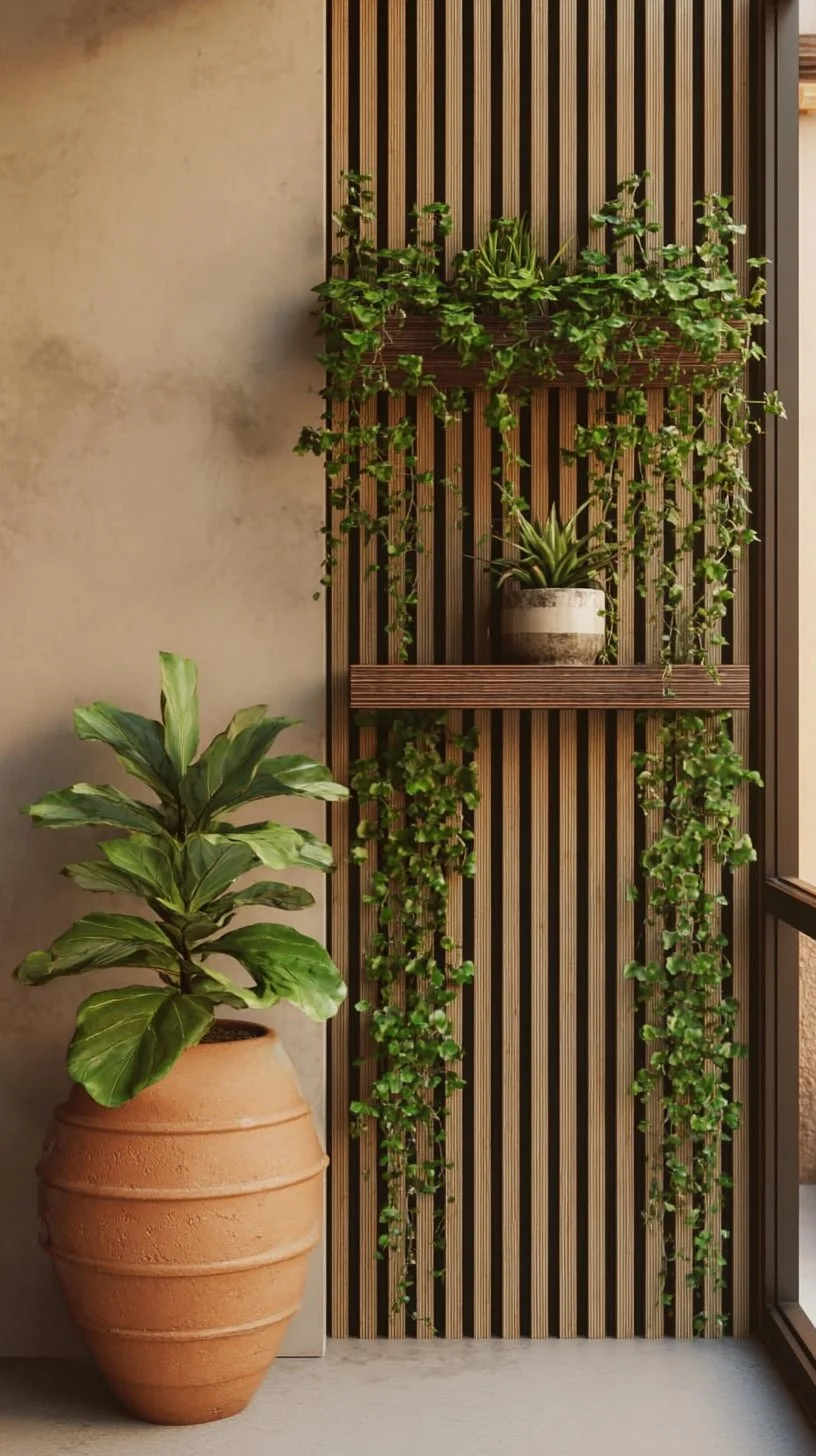 Natural Oasis: Wooden Slat Wall with Climbing Plants for Modern Minimalist Homes