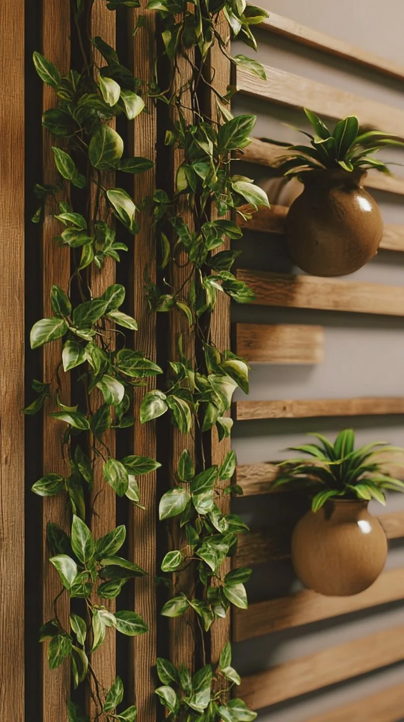 Natural Oasis: Wooden Slat Wall with Climbing Plants for Modern Minimalist Homes