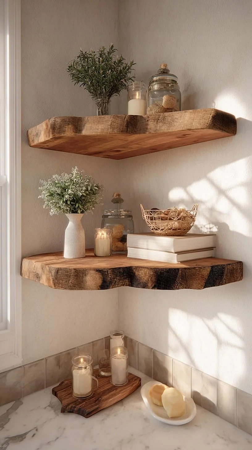 Rustic Live Edge Corner Floating Shelves Set of 2 - Handmade Solid Cedar Wood Wall Shelves for Bathroom, Bedroom, Kitchen & Living Room