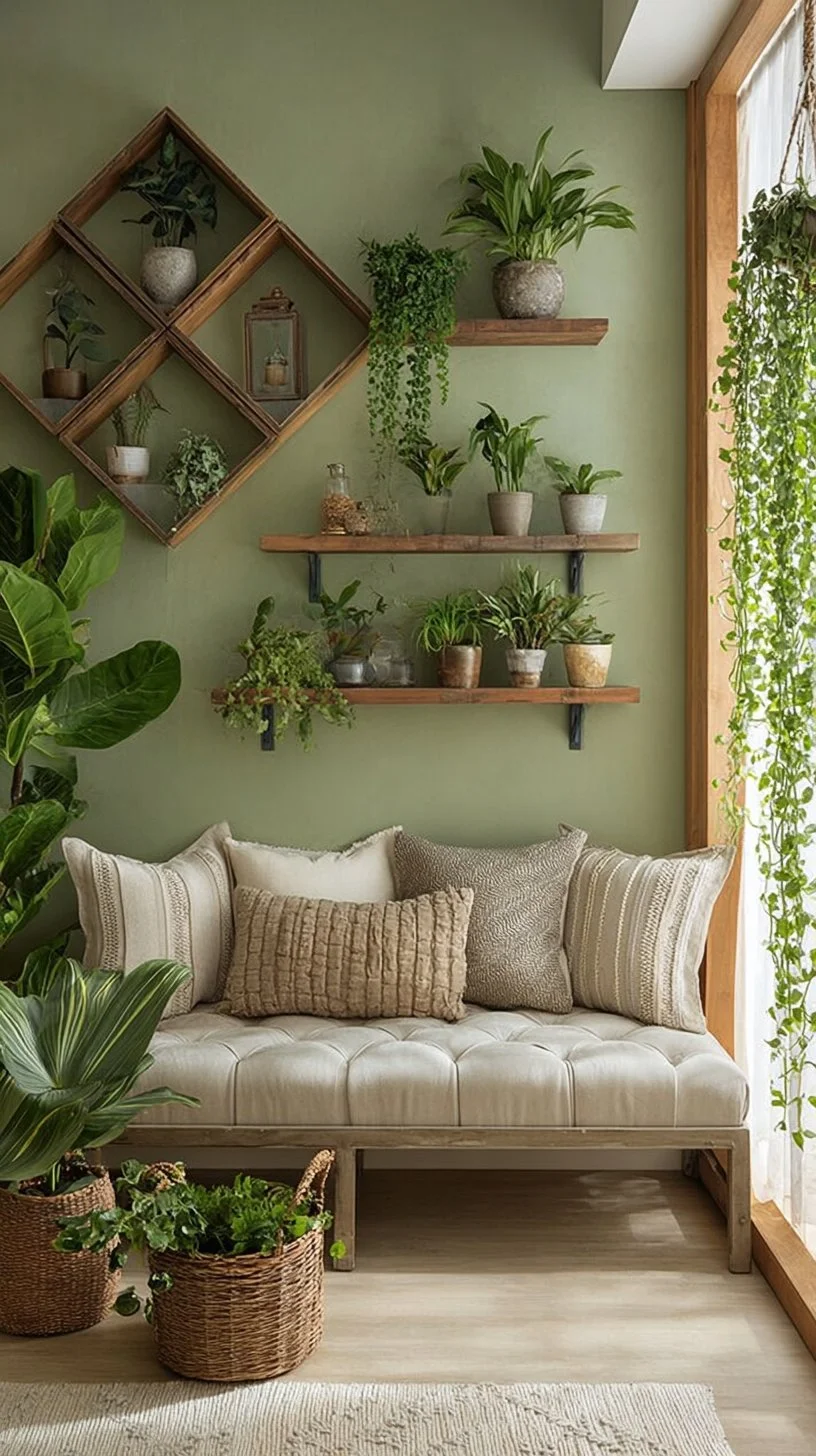 Serene Indoor Plant Wall Shelves with Lush Hanging Greenery