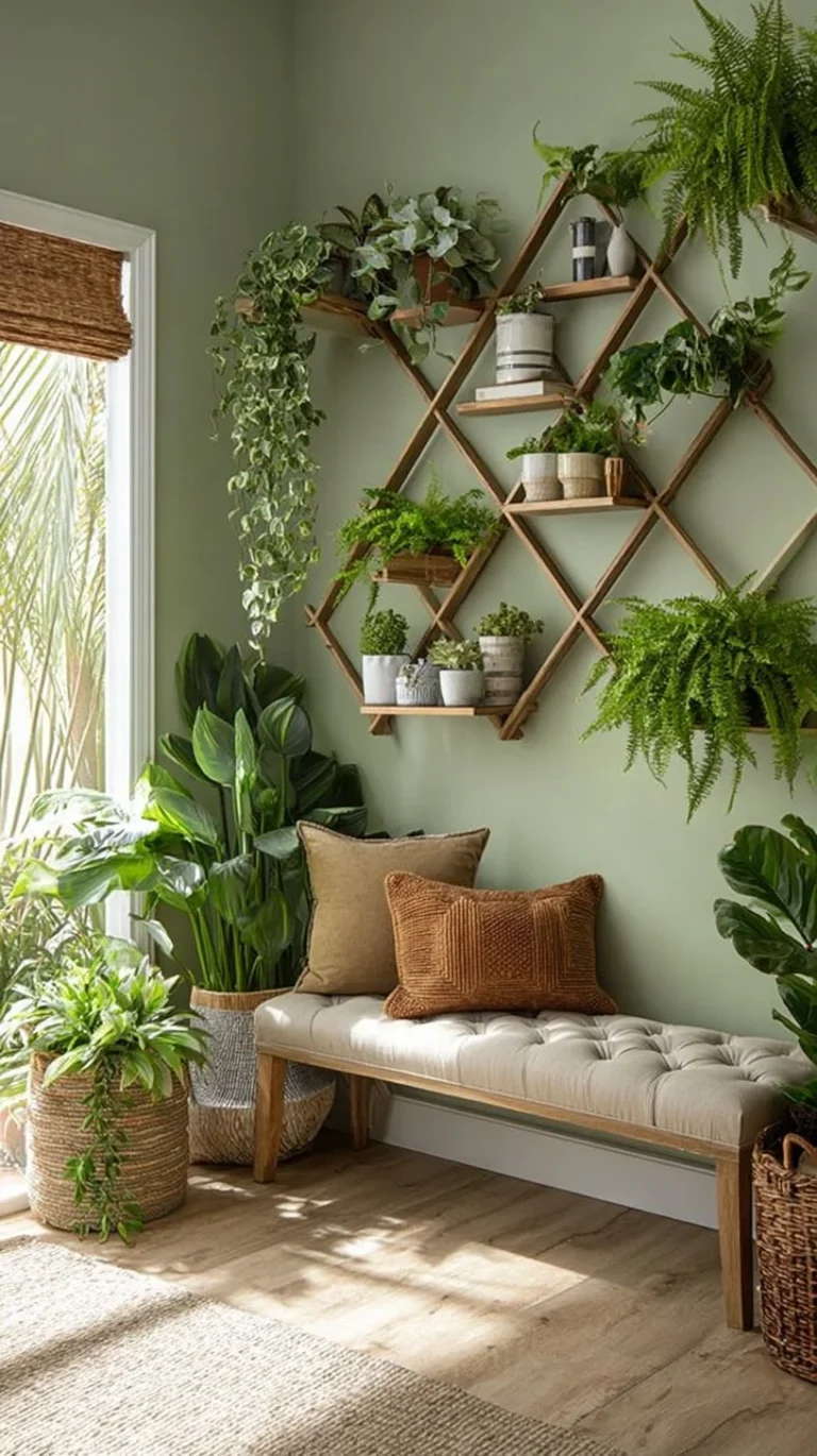 Serene indoor plant wall shelves adorned with lush hanging greenery