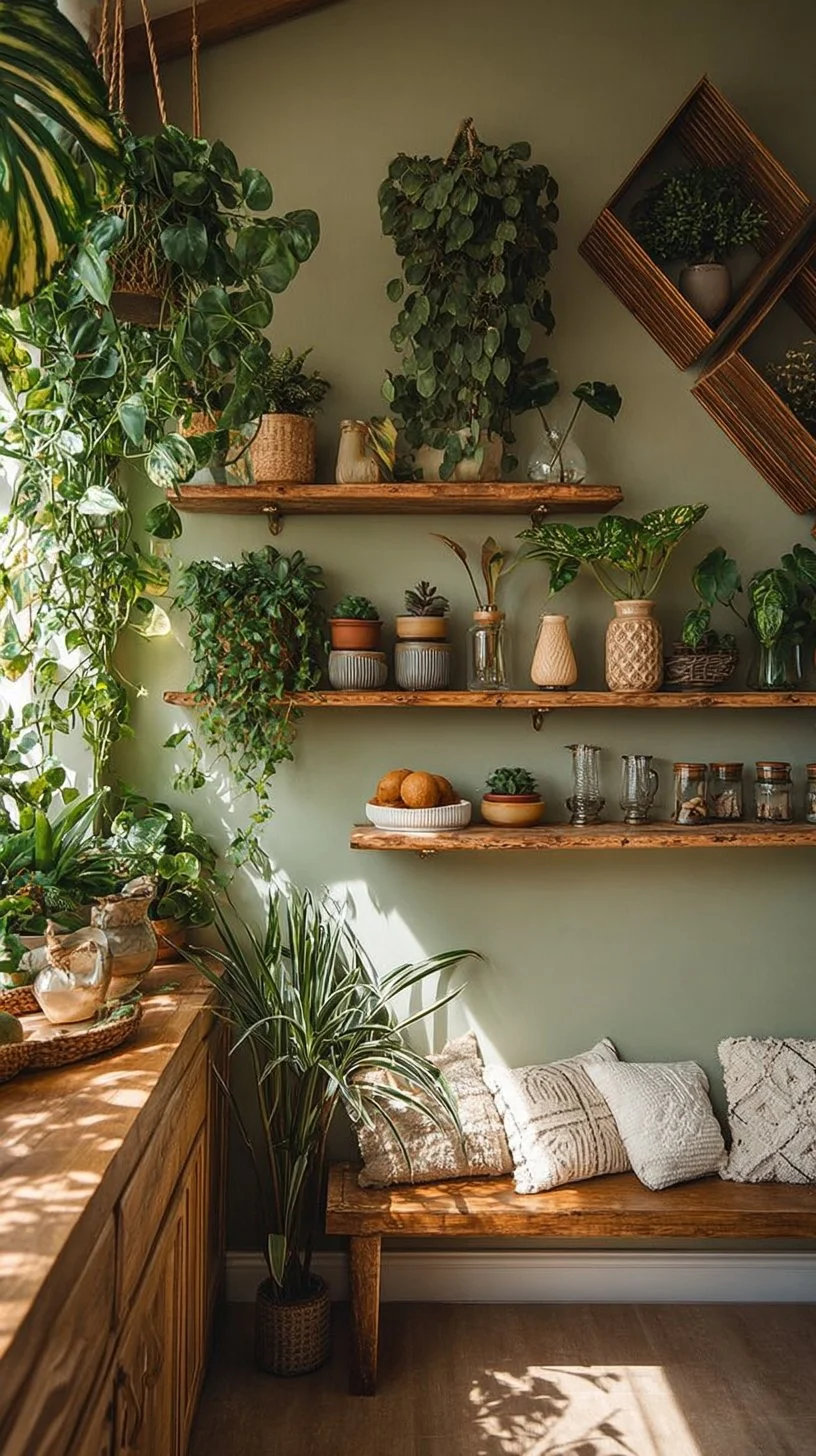 Serene Indoor Plant Wall Shelves with Lush Hanging Greenery
