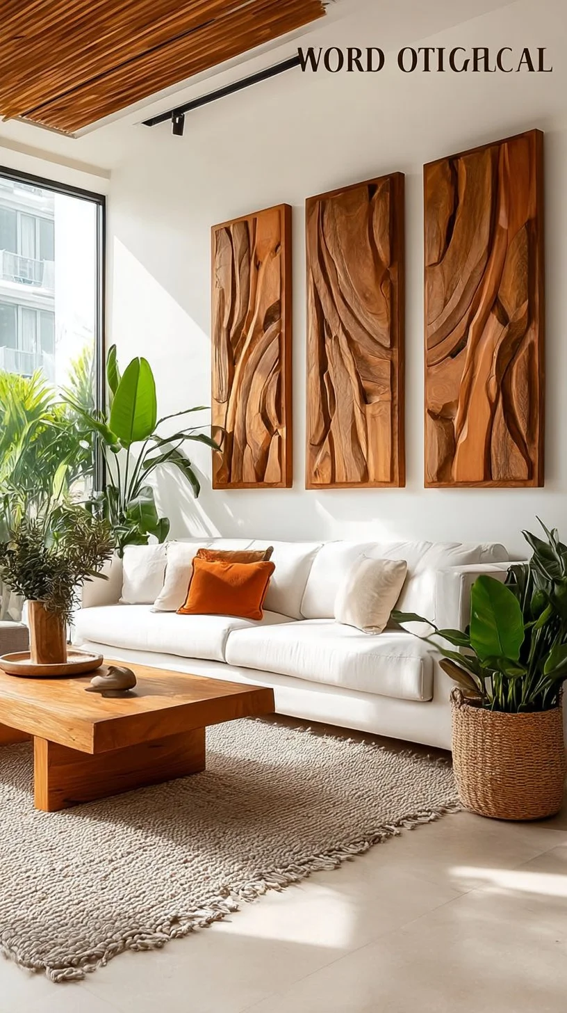 Serene Organic Modern Living Room: Stunning Wood Accent Wall