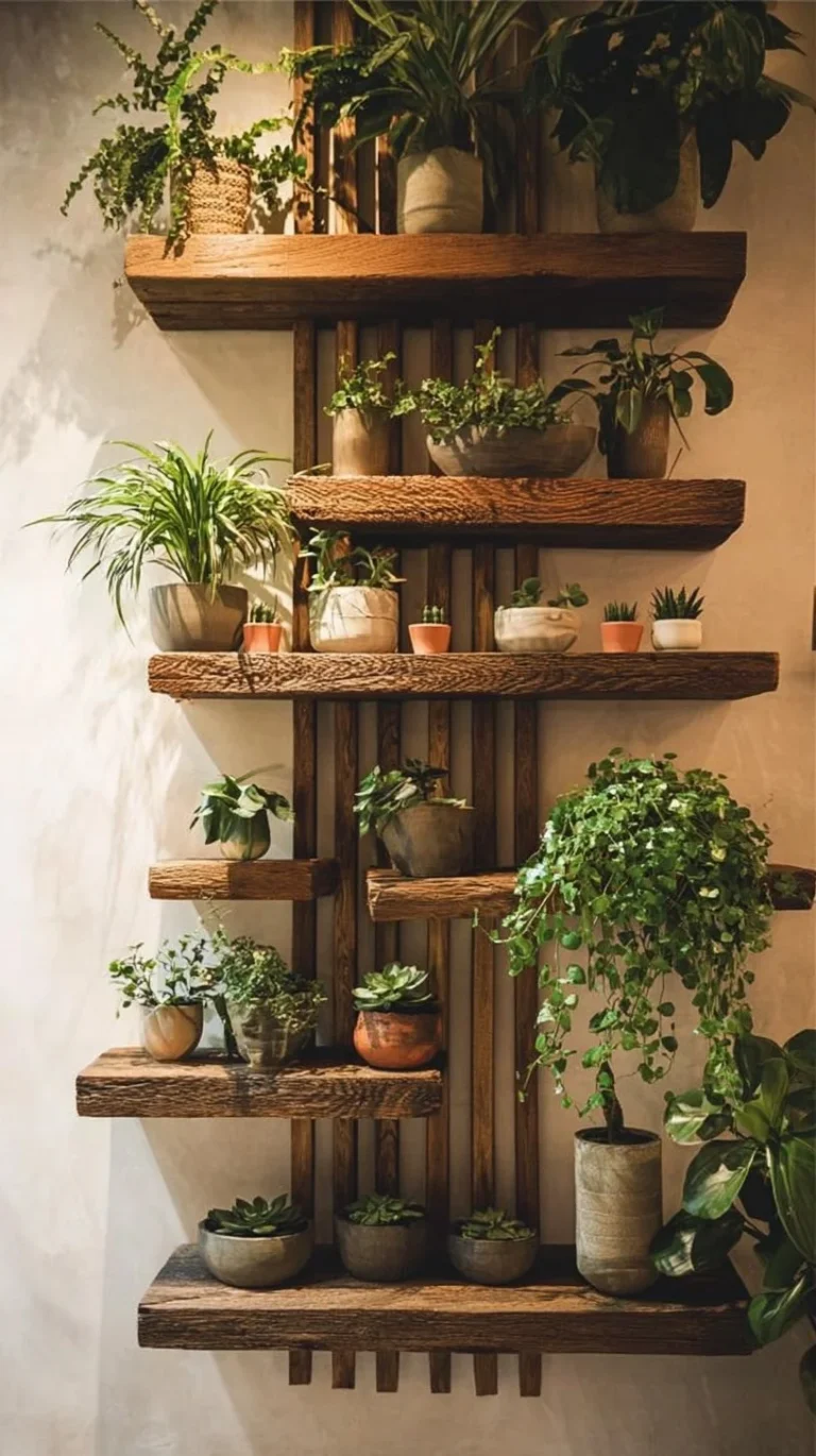Stylish floating shelves with indoor plants enhance modern home decor.