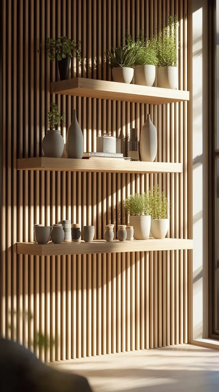 Cozy modern interior featuring a beautifully designed wood slat wall
