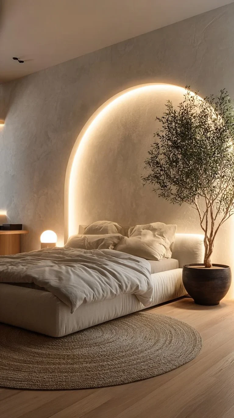 A beautiful bedroom featuring backlit stucco alcove and potted olive decor.