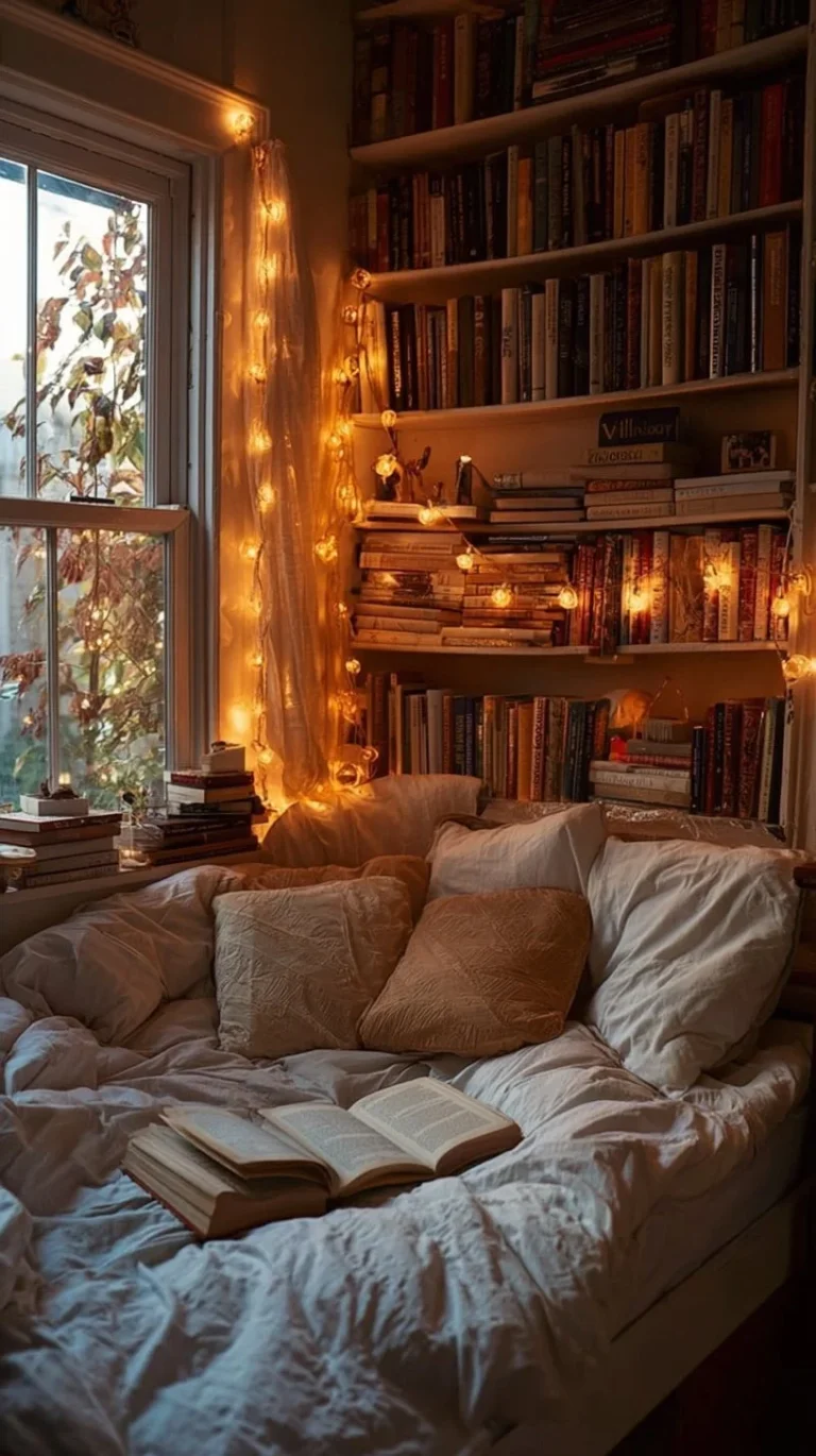 Cozy bedroom showcasing creative decor ideas using books