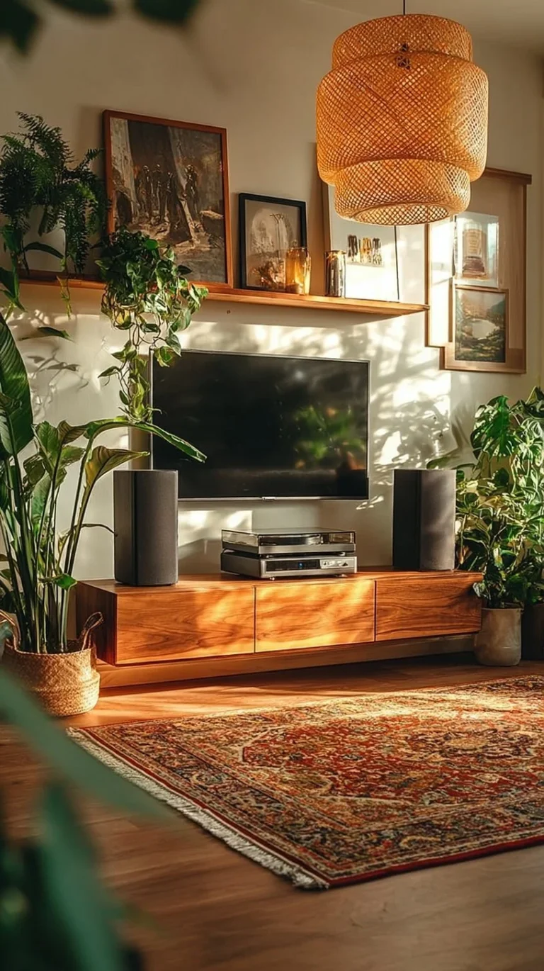 Cozy modern boho living room with eclectic decor and warm lighting