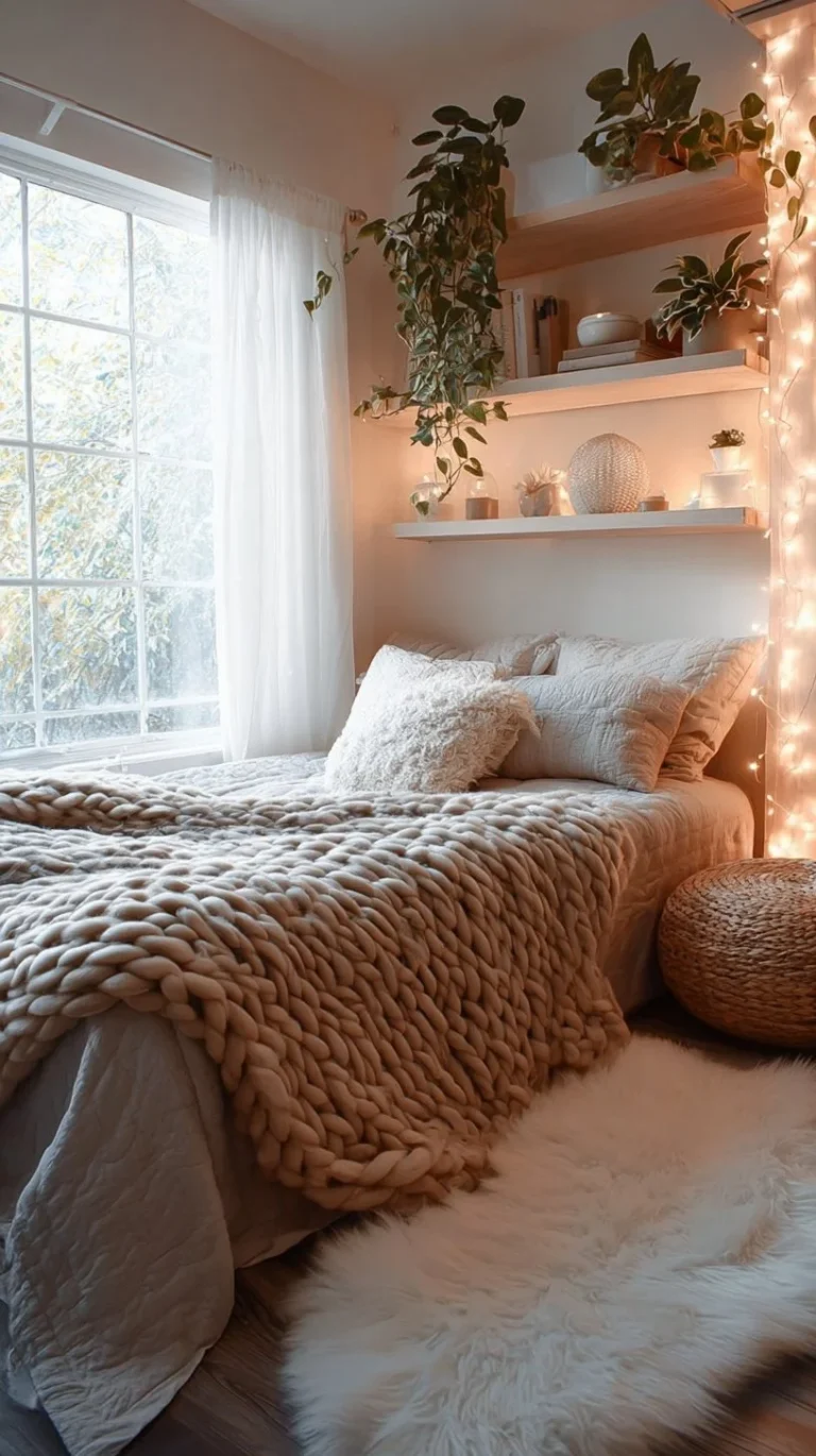Cozy boho teen girl bedroom with stylish decor and warm tones.