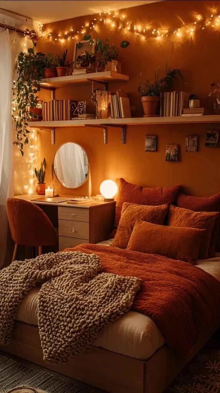 Cozy and inviting bedroom vibes with warm lighting and soft furnishings.