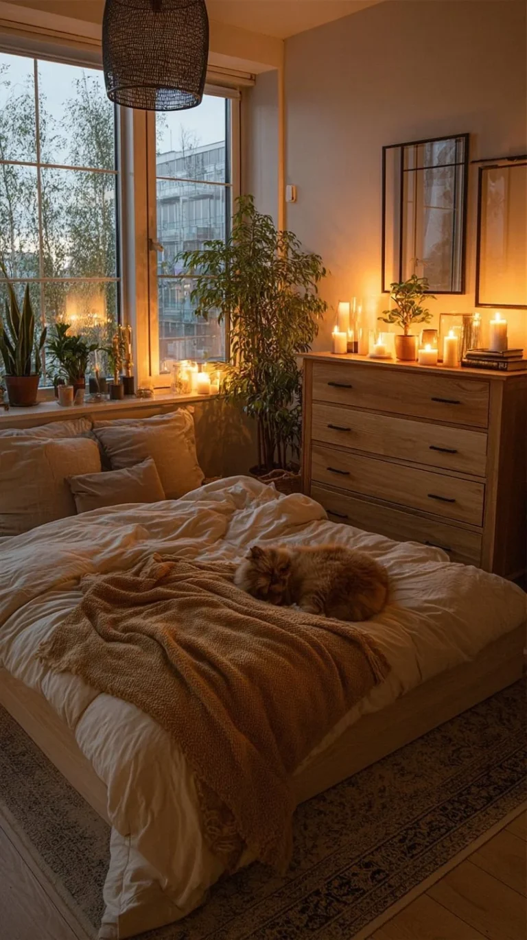 A cozy bedroom featuring candlelight and natural tones for a serene atmosphere.