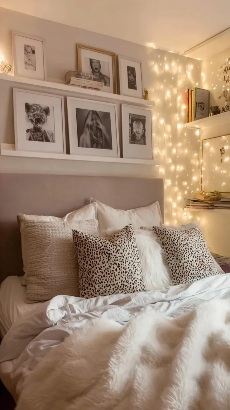 Cozy neutral bedroom featuring fairy lights and minimal wall art for a serene atmosphere.