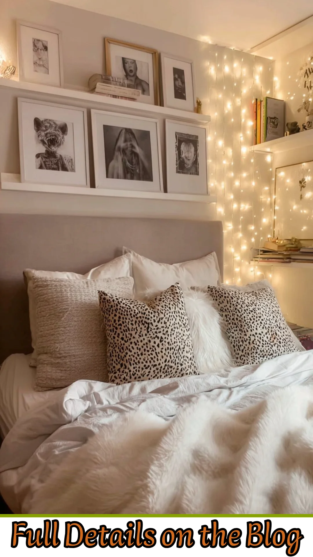 Cozy Neutral Bedroom with Fairy Lights & Minimal Wall Art