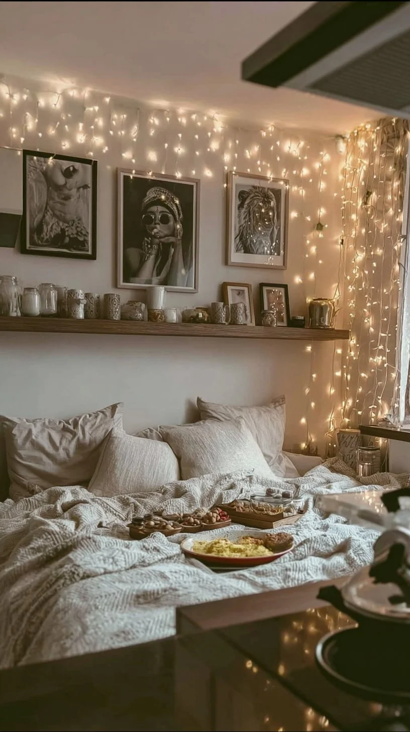 Cozy Neutral Bedroom with Fairy Lights & Minimal Wall Art