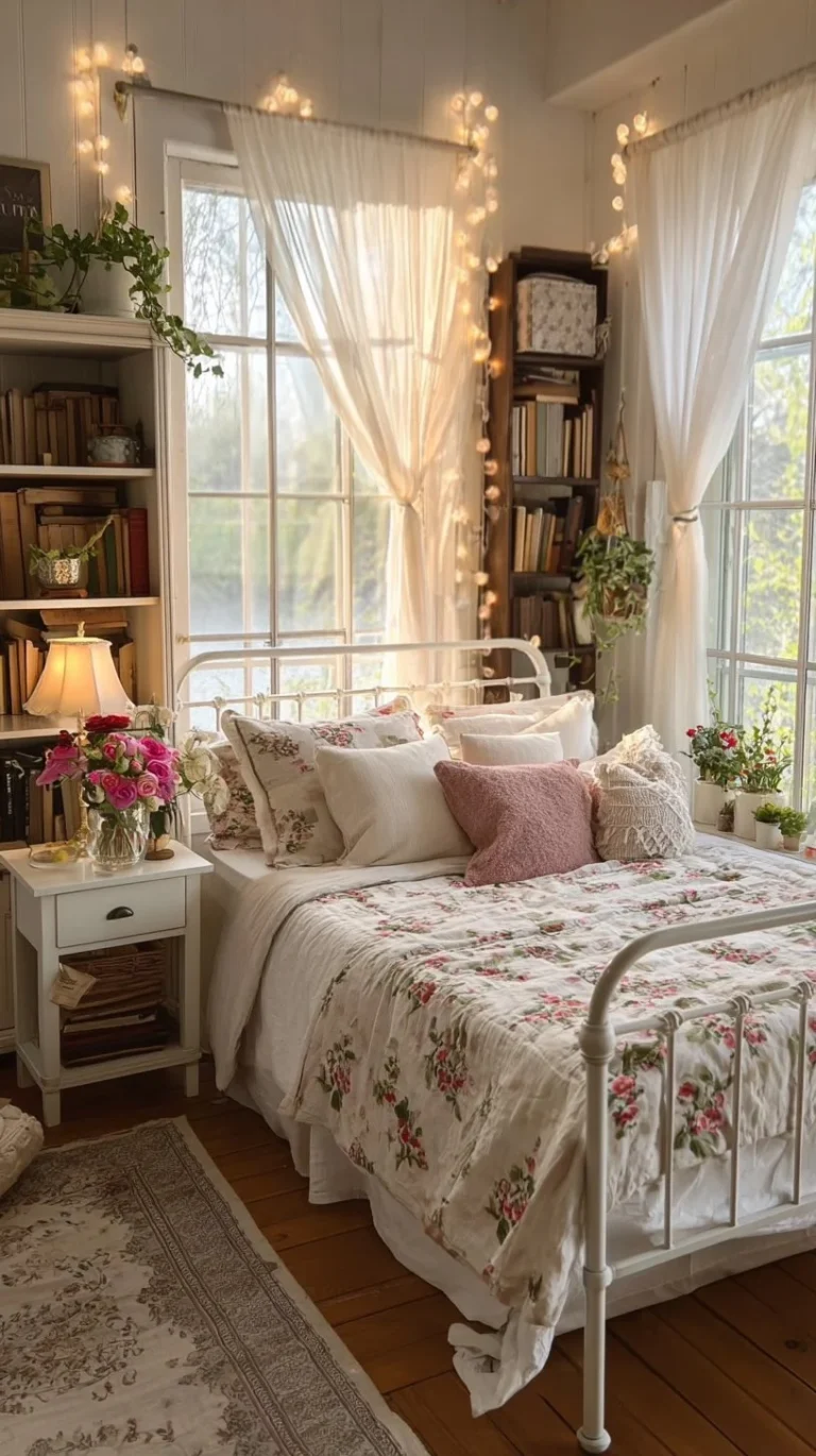 Cozy cottagecore bedroom with floral decor and natural light