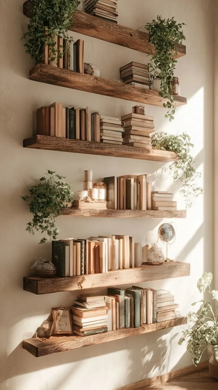 DIY floating shelves in a small living space for stylish storage