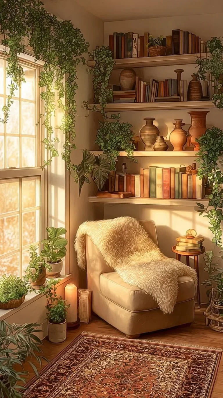 Cozy boho library with DIY floating shelves and reading nook design