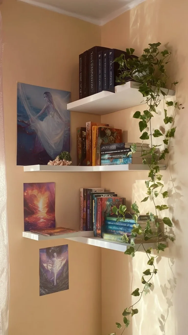 Stylish floating bookshelves in a cozy bedroom setting.