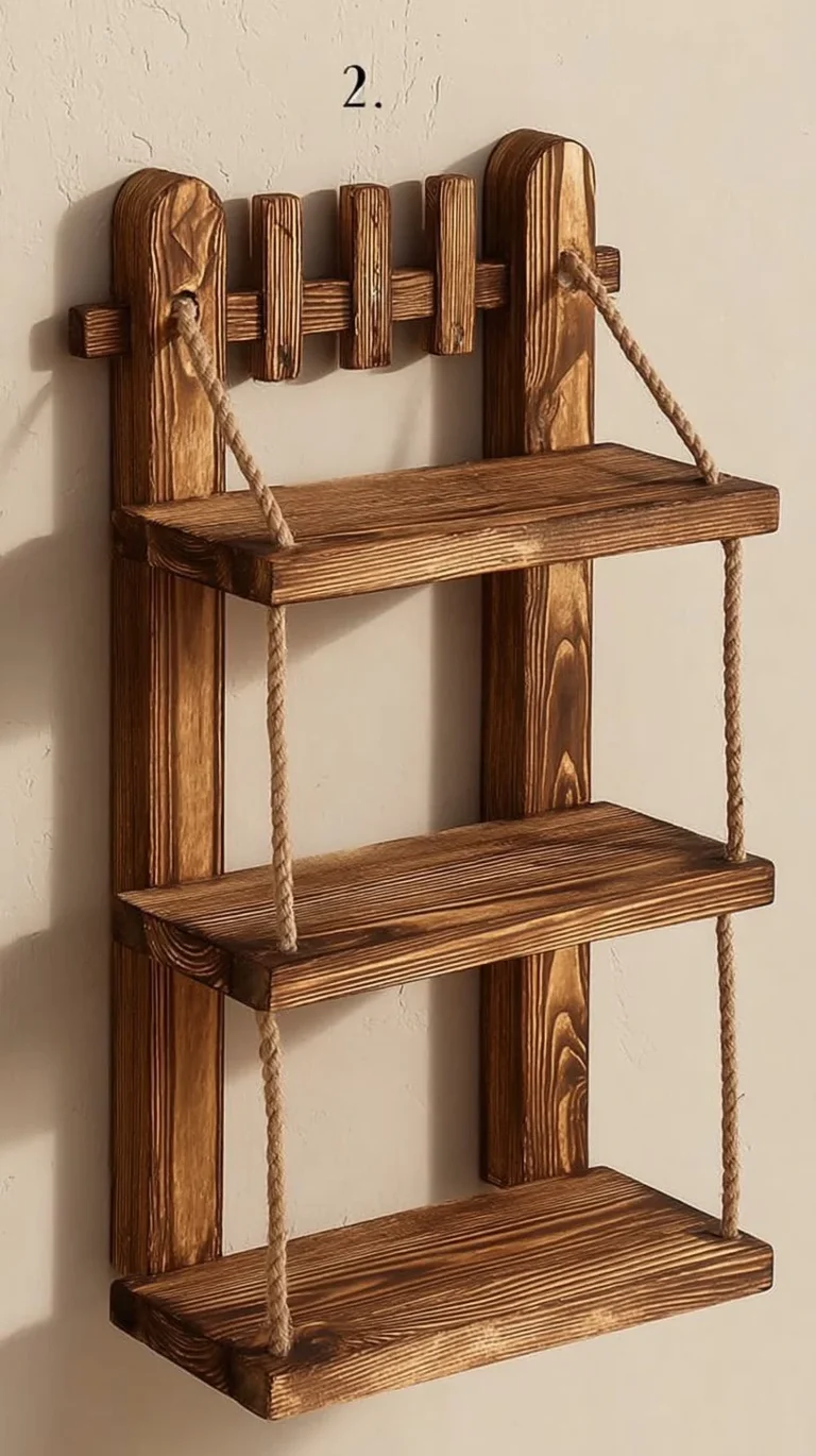 Handmade wooden key holder with shelf and decorative door hanging design.