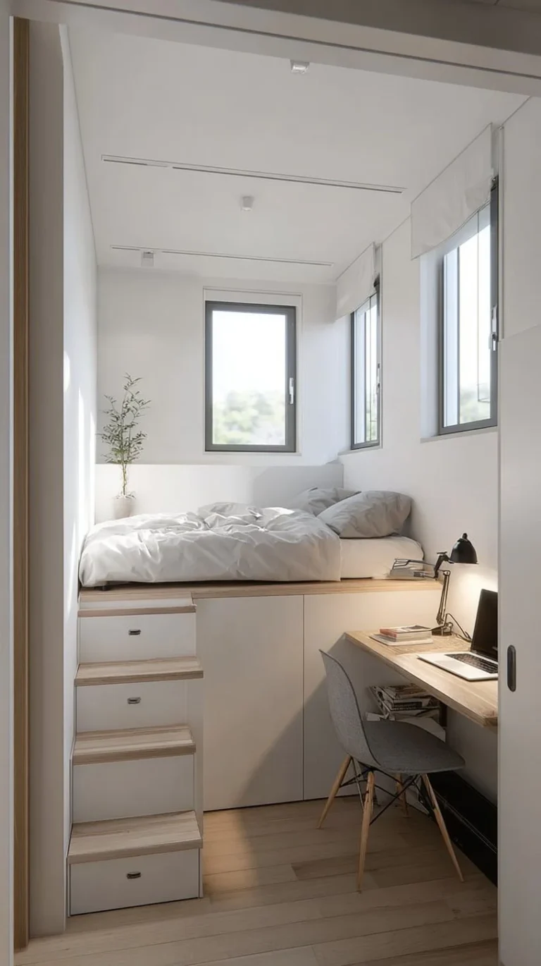Small bedroom with clever storage solutions and modern decor ideas