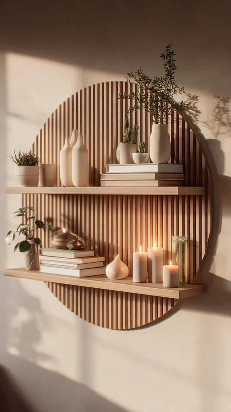 Modern minimalist wooden wall shelf showcasing decor and functional design.
