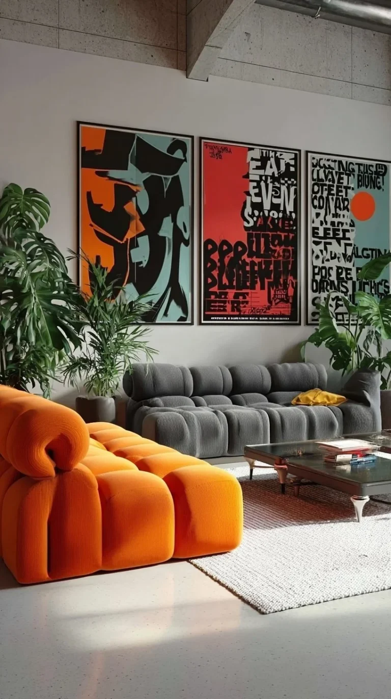 Modernist typography poster set featuring orange and black abstract designs, digital download.