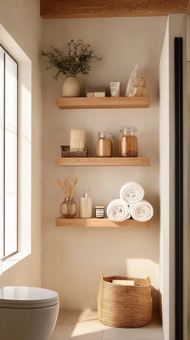 Baobab Workshop Gold Oak Shelves for bathroom organization and stylish storage.