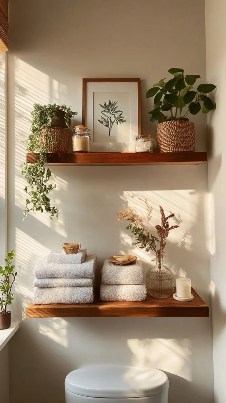Floating shelves in a modern bathroom to reduce clutter