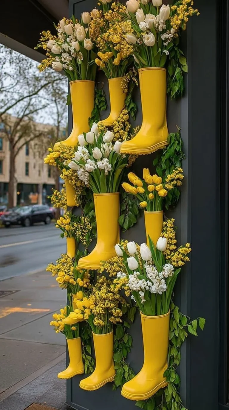 Spring window decor featuring yellow boots and colorful flowers for seasonal charm