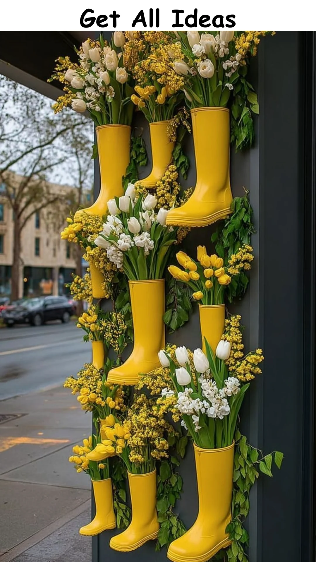 Spring Window Decor with Yellow Boots and Flowers