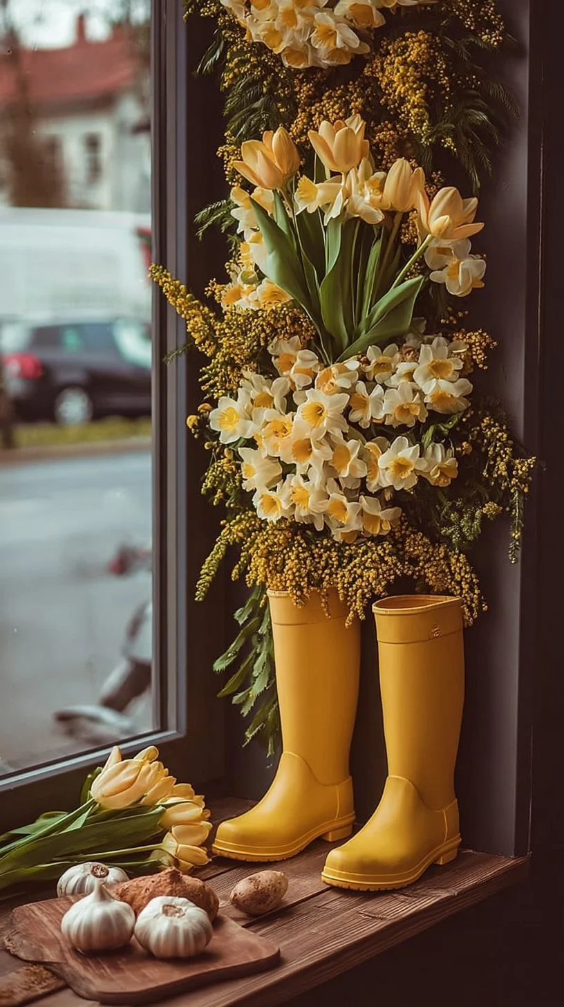 Spring Window Decor with Yellow Boots and Flowers