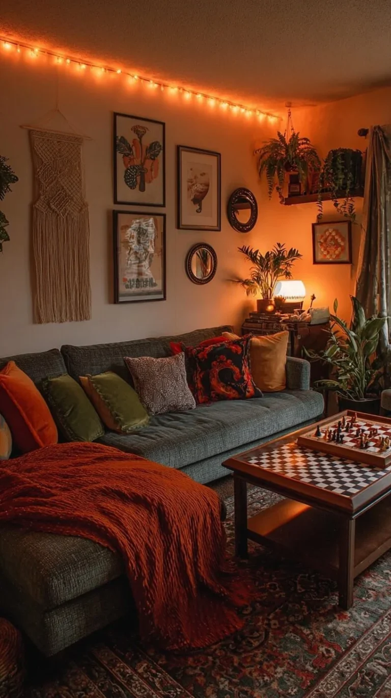 Stylish grunge apartment decor with vintage elements and moody aesthetics.