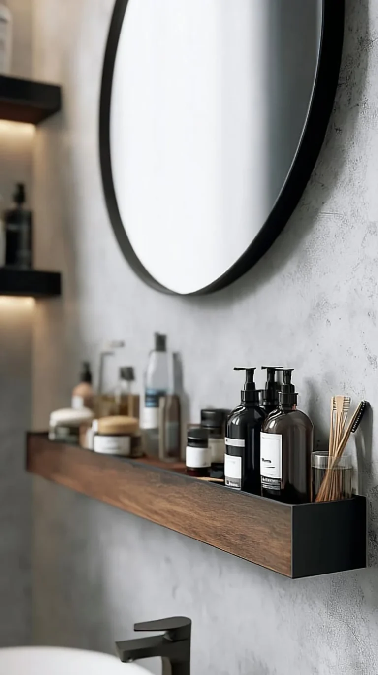 Wooden wall mounted bathroom shelf with aluminum cabinet for storage