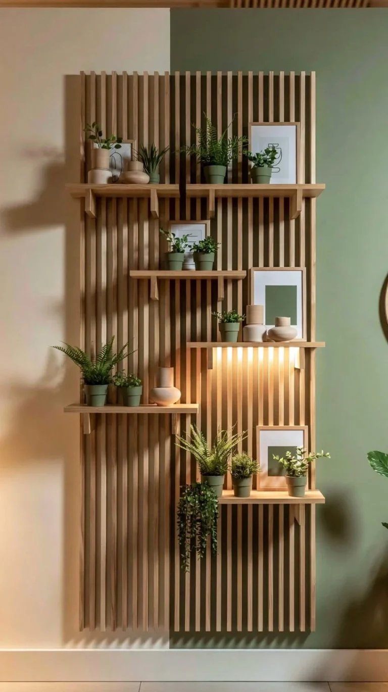 Wooden slat wall with plants creating a calm and serene atmosphere in modern decor.