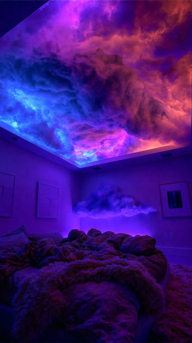 Cozy DIY cloud ceiling with LED strip lighting for a storm aesthetic