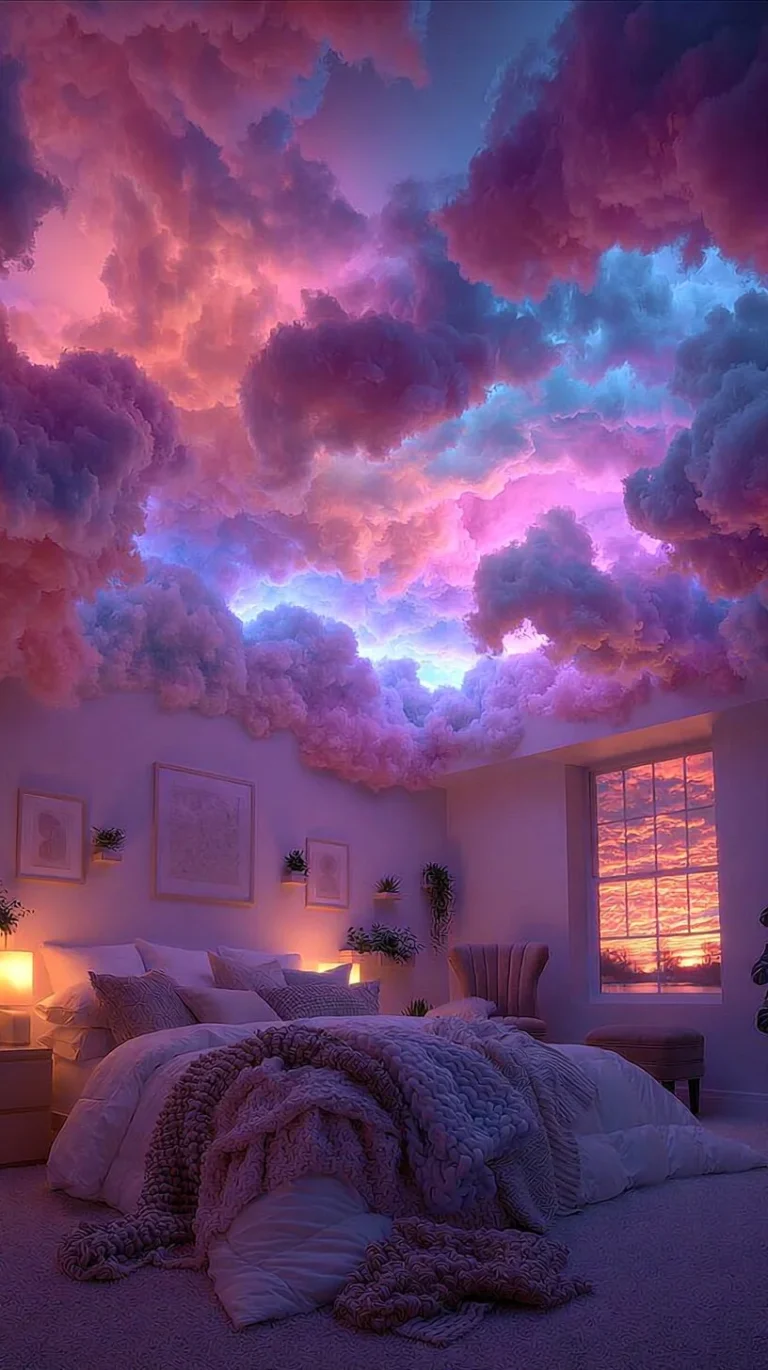 Cute teen bedroom with cloud decor for sisters, showcasing dream room ideas.