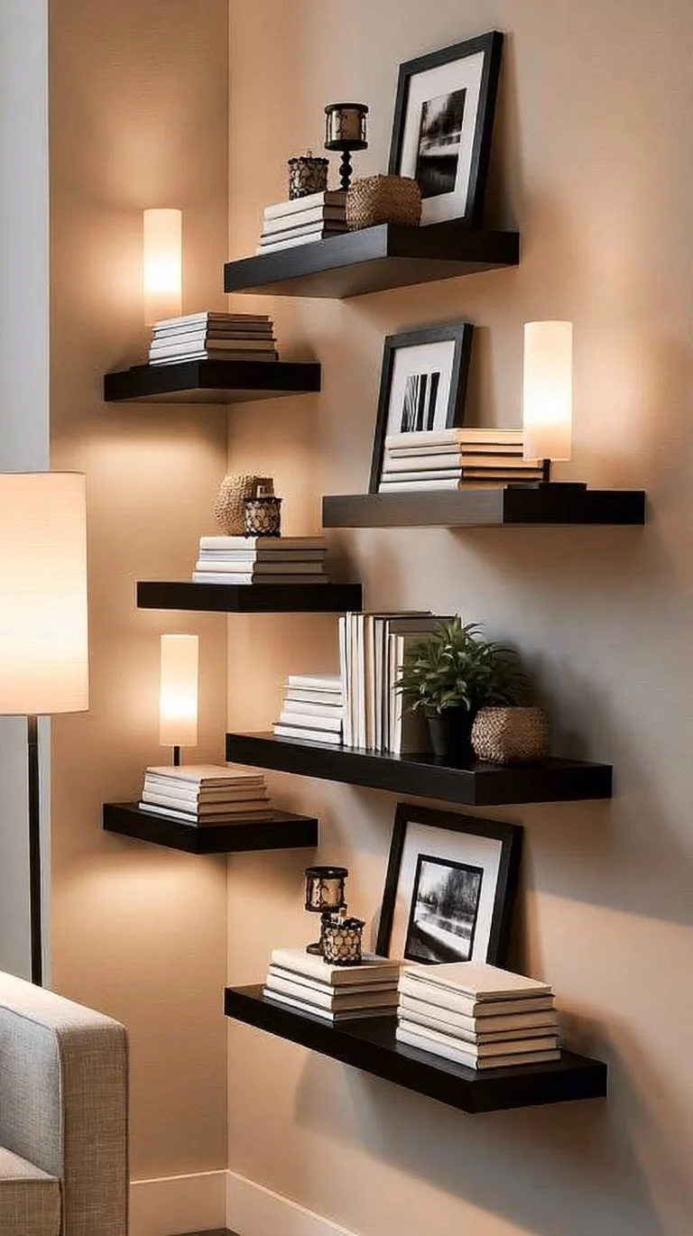 Set of 4 black rustic floating shelves for wall mounted storage and decor