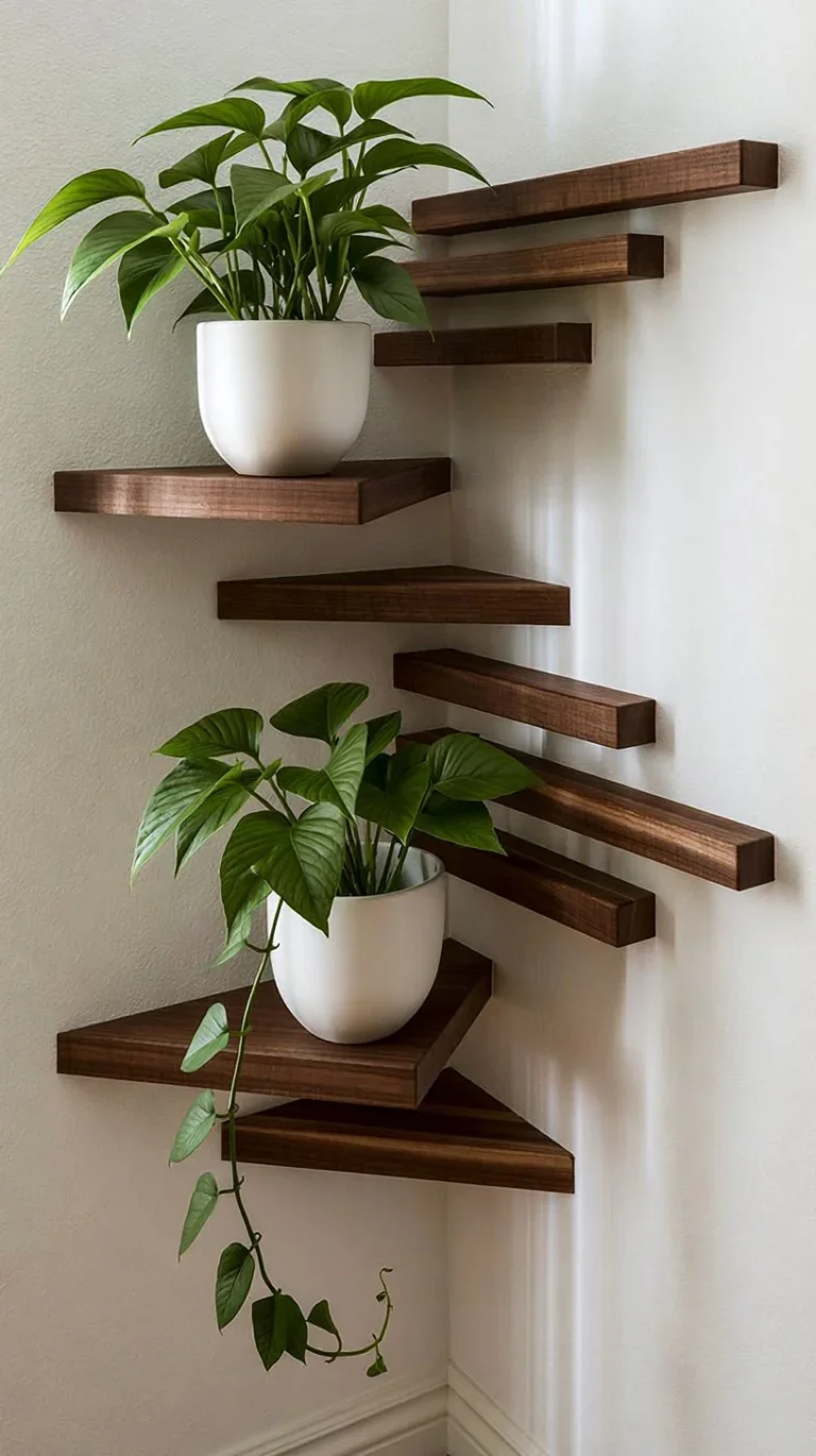 DIY modern corner shelf with floating wood slats for stylish home decor.