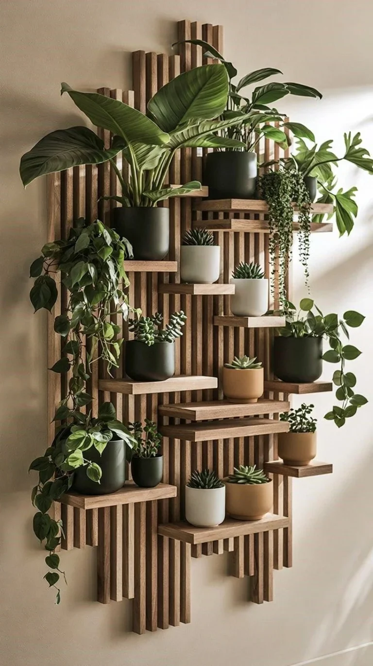 DIY wooden panel wall with integrated shelves for home interiors