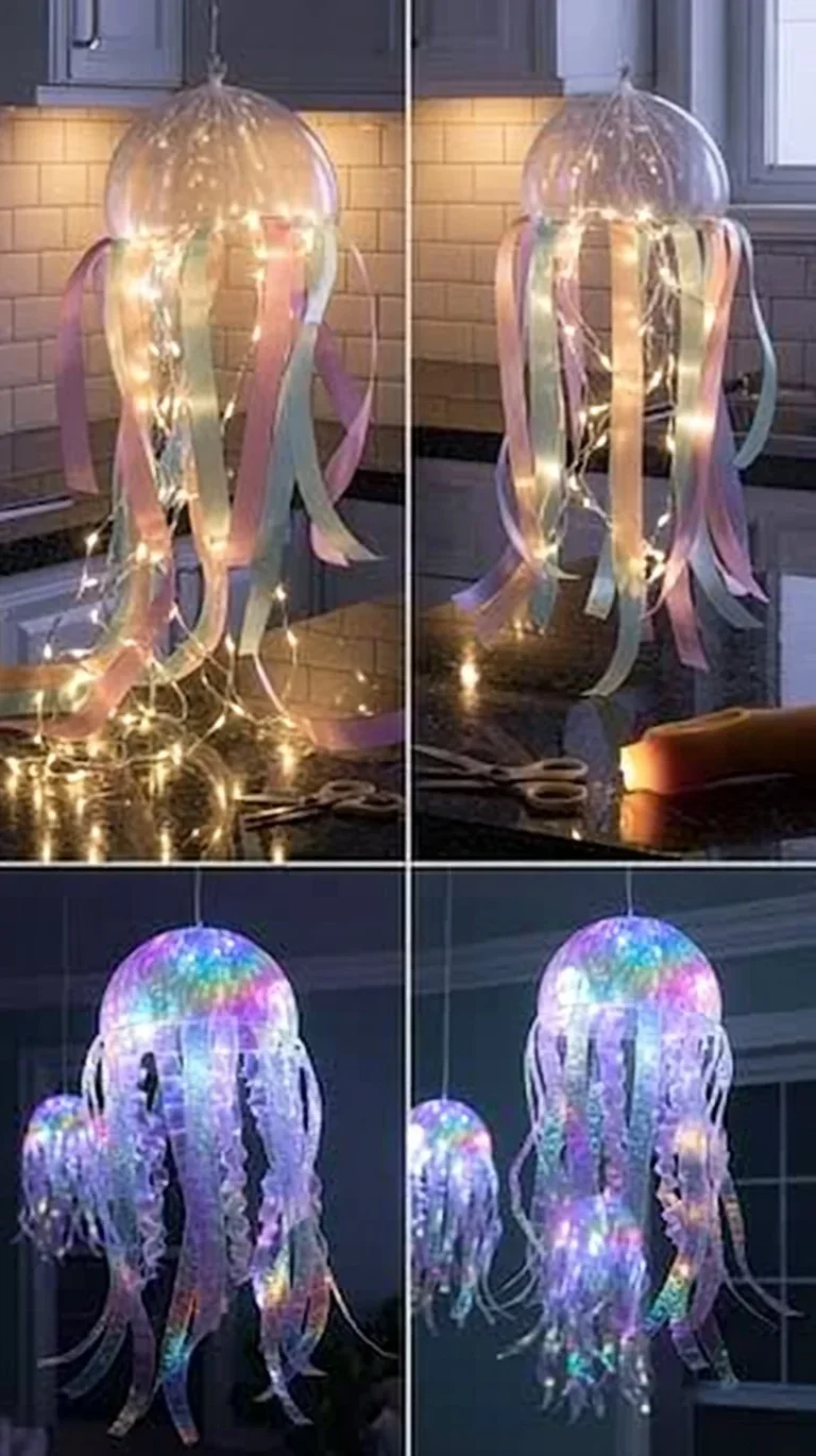 DIY jellyfish craft made from ribbon for ocean theme decorations
